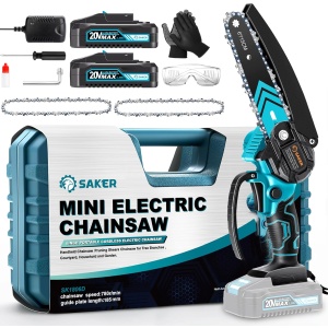 Saker Mini Chainsaw 6-Inch, Cordless Electric Chainsaw, Portable Handheld Chainsaw with 2 Batteries and Charger for Wood Cutting, Tree Trimming, Courtyard, Household