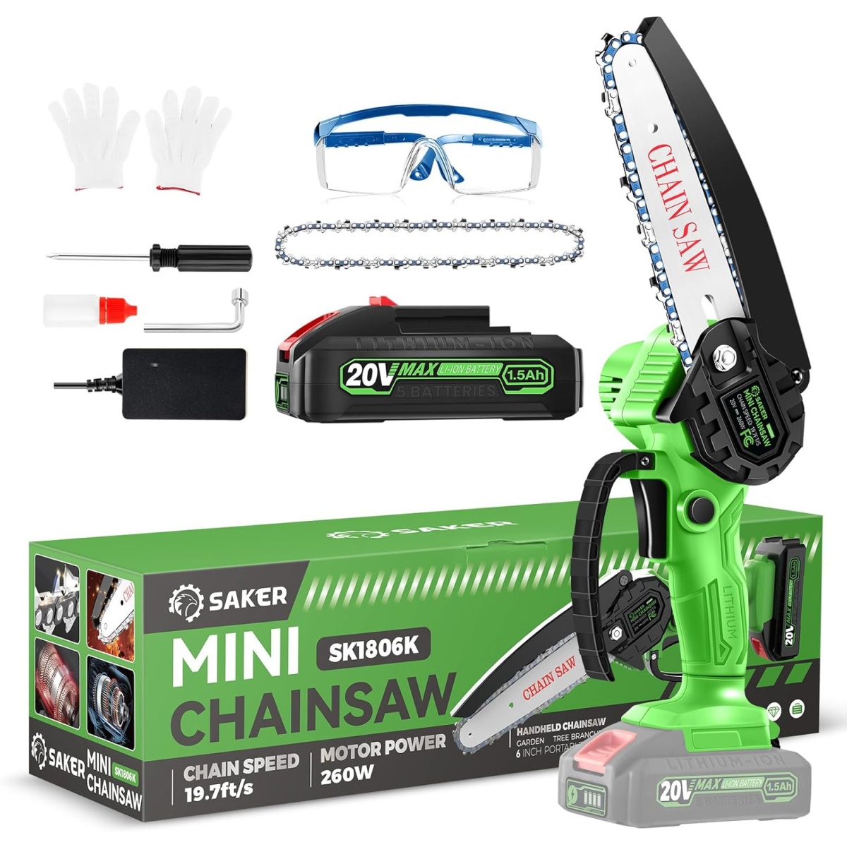 Saker Mini Chainsaw 6 Inch, Upgraded 21V Cordless Electric Chainsaw with 2x2.0Ah Batteries & Brushless Motor, Portable Handheld Chainsaw for Wood Cutting, Tree Trimming, Courtyard, Garden, Household