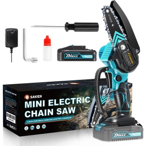 Saker Mini Chainsaw 4-Inch, Cordless Power Chain Saws, 20V Portable Battery Powered Chainsaw with 2 Batteries, Safety Lock for Courtyard Tree Branch Wood Cutting and Household